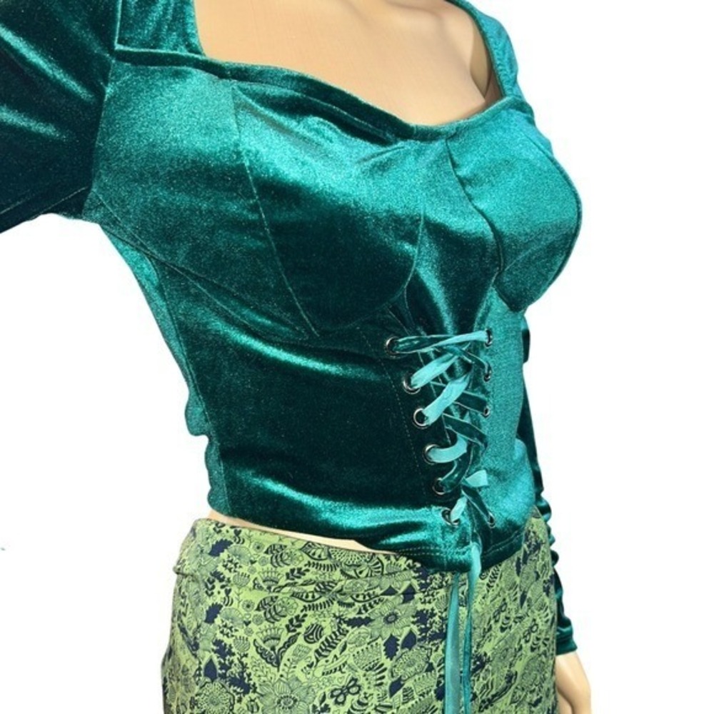 Womens Long Sleeve Lace Up Corset Top Size S Velvet Romantic‎ Goth Fairy Forest - Picture 7 of 13